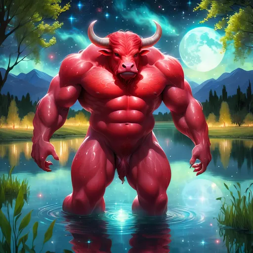 Prompt: An fantasy red translucent dwarf bull humanoid that is glowing on a lake surrounded by willows. Starry night. Bioluminescent. Beautiful. Majestic. Graceful. Terrifying. Powerful. Highly detailed painting. 8k.