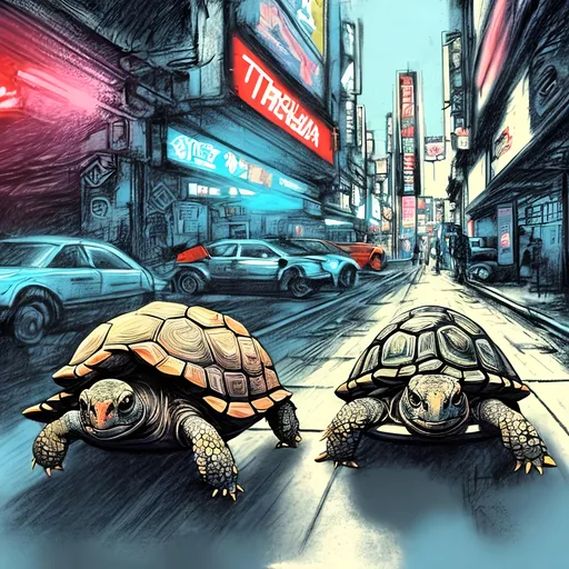 Prompt: pop art chalk pastel art of detailed tortoise wearing USA clothes playing in the streets in cyberpunk japan during a festival, sketch, detailed background, highres, fun atmosphere, natural lighting,  abstract, fun