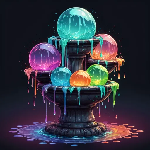 Prompt: A four-way fountain each side filled with strange glowing dancing crystal sphere dripping slime in many colors, in zen tangle art style
