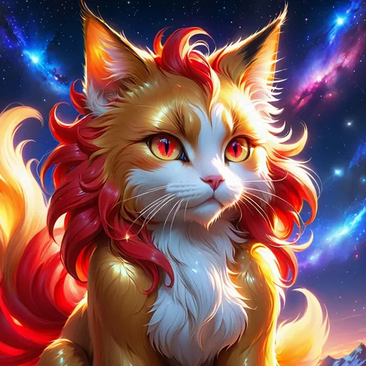 Prompt: wizard cat with {red fur} and {ruby red eyes}, senior female cat, fire element, flame, Erin Hunter, gorgeous anime portrait, beautiful cartoon, 2d cartoon, beautiful 8k eyes, elegant {red fur}, pronounced scar on chest, fine oil painting, modest, gazing at viewer, beaming red eyes, glistening red fur, low angle view, zoomed out view of character, 64k, hyper detailed, expressive, timid, graceful, beautiful, expansive silky mane, deep starry sky, golden ratio, precise, perfect proportions, vibrant, standing majestically on a tall crystal stone, hyper detailed, complementary colors, UHD, HDR, top quality artwork, beautiful detailed background, unreal 5, artstaion, deviantart, instagram, professional, masterpiece