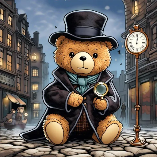 Prompt: a teddy bear dressed as Sherlock Holmes with a long wool coat and detective hat, holding a magnifying glass. he is surrounded by an old cobblestone city background.
Sherlock Holmes cosplay+mystery+ detective <mymodel> the dimensions should be 10.312” W x 3.875” H.