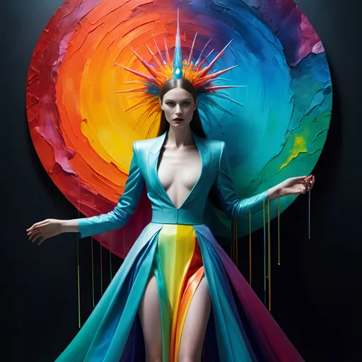 Prompt: high priestess, woman minimalism avangard, full body portrait, fashion model wearing colorful avant-garde outfit inspired by siphonophore designed by Mugler, fashion shoot in photographed by Mario Sorrenti, falling, highly detailed, lens flare emptiness of loss in a deep spiritual expression, a dark symbol of peaceful death, to carry in the bifrost of eternal time, sweetness of a subtle masterpiece of tranquility over cold and warmth. masterful impasto oil technique, ethereal background 