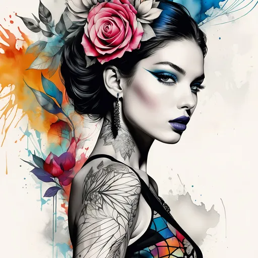 Prompt: style by Gabriel Moreno, Nick Gentry, Gyorgy Kepes: Female beauty through graphic and elegant images, delicate aquarelle colorful lines that show beauty and hide fragility, fear, ephemeron, sensuality, and tattoo lines, coursing through the skin of the figure and revealing what its beauty hides. Abelardo Morell photography background, Mixed media, Highly detailed, intricate, beautiful, 3d, extremely detailed, stunning gorgeous, award winning, fantastic view