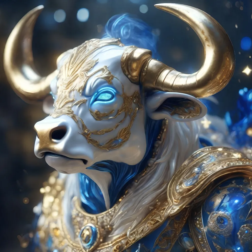 Prompt: A white, blue and gold translucent dwarf bull humanoid made of the element wind in heaven, highly detailed painting, photorealistic, sparkles, magical atmosphere, 8k