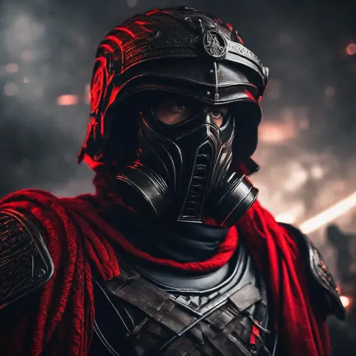 Prompt: A modern roman military male in black military armor covered in red L.E.D. strips, galea helmet of roman armor, and gas mask, background World War 3, Hyperrealistic, sharp focus, Professional, UHD, HDR, 8K, Render, electronic, dramatic, vivid, pressure, nervous vibe, loud, tension, dark, Epic