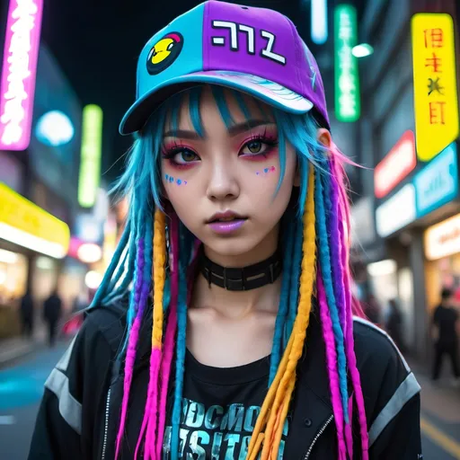 Prompt: Liquid metal Harajuku girl with vibrant colors, a pokemon haunter cap, futuristic fashion, neon-lit streets, anime, cyberpunk, metallic sheen, colorful and long dreadlock hair, edgy makeup, urban setting, highres, vibrant colors, cyberpunk, liquid metal, anime, futuristic, neon-lit streets, vivid and vibrant, metallic sheen, edgy makeup, urban setting, high quality