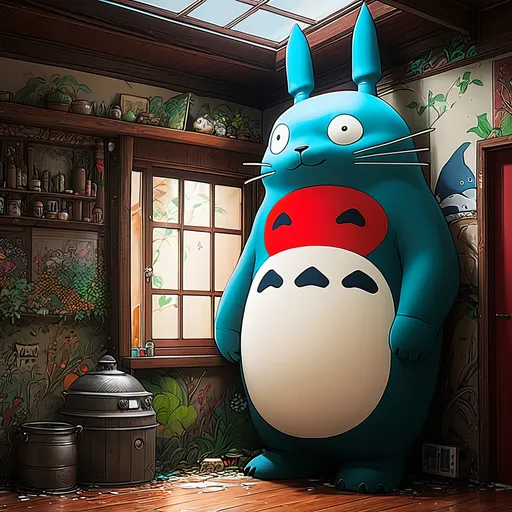 Prompt: studio ghili scene of graffiti in house spirited away combined with totoro 