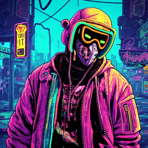 Prompt: Detailed illustration of a character in a vibrant jacket from Hotline Miami 2, neon-lit urban setting, gritty and intense atmosphere, high-quality digital art, intense neon colors, 80s retro style, dynamic pose, vibrant and pulsating lighting, detailed jacket design, professional digital rendering, intense and gritty, neon-lit, urban, 80s retro, dynamic pose, high-quality, vibrant colors, detailed design, professional, atmospheric lighting