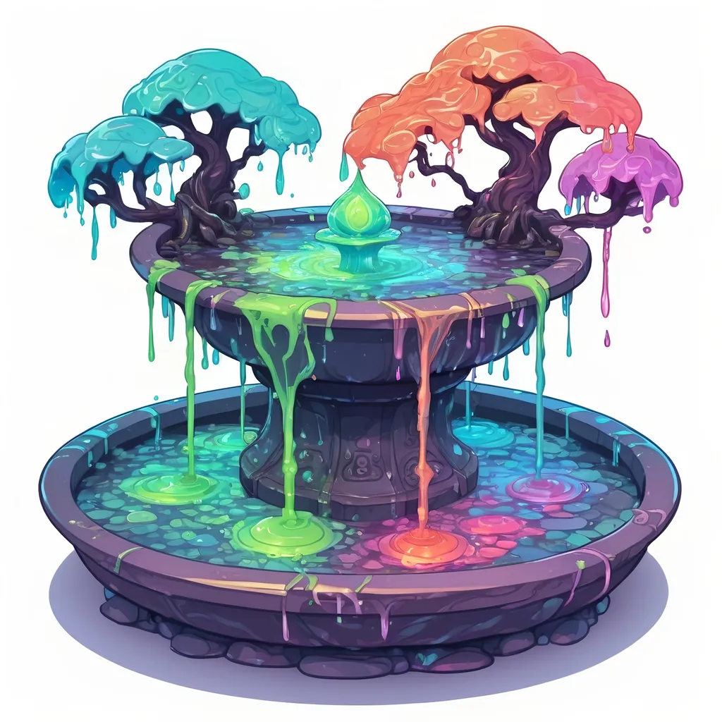 Prompt: A four-way fountain each side filled with strange glowing slime in many colors, in zen tangle art style
