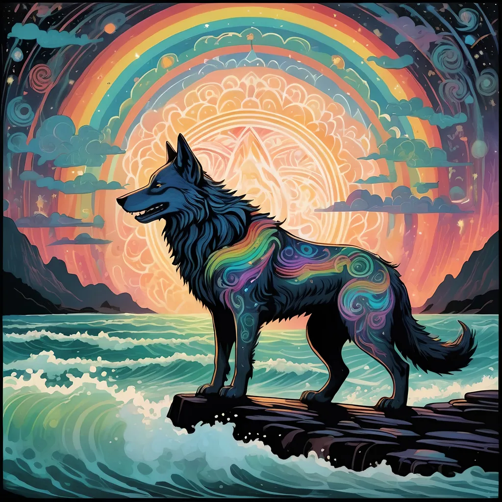 Prompt: fenrir over bifrost, in the style of 🌈 , folk-inspired illustrations, luminescent lightscapes, repeating pattern, celestialpunk, suffolk coast views, balinese 