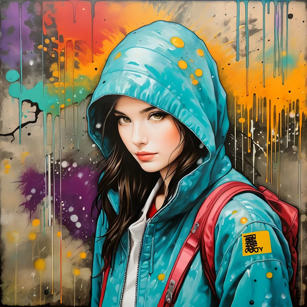 Prompt: She is in a graffiti monsoon, encaustic painting, inlays 