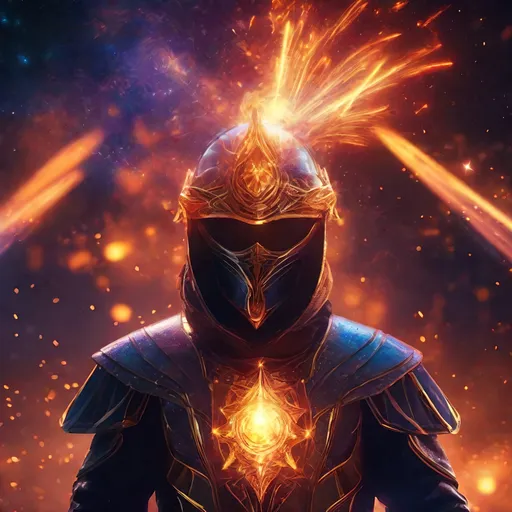 Prompt: Futuristic battle mage with faceless visor and fire magic, astral sorcerer, fireworks background, highres, futuristic, detailed visor, mystical, intense fire effects, cosmic colors, sorcery, magical, futuristic lighting