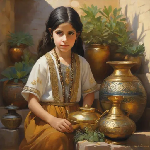 Prompt: A 10 year old Syrian girl, pale skin, black hair, pigtails, brown eyes, traditional Syrian dress, Old Damascus, surrounded by gold and onyx pots filled with different plants, photorealistic, extremely detailed painting by Greg Rutkowski by Steve Henderson