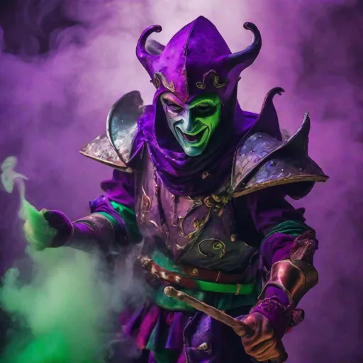 Prompt: A jester knight, colorful armor, unsettlingly strange, casting a spell, strange multicolored energy, dungeons and dragons, depth of field focused on the knight, covered in Purple and green smoke.