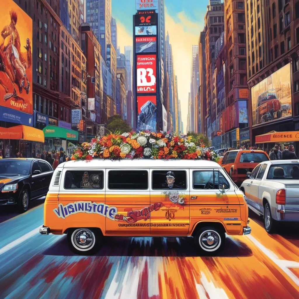 Prompt: A poster in <mymodel> style of a 77 dodge van in the nyc