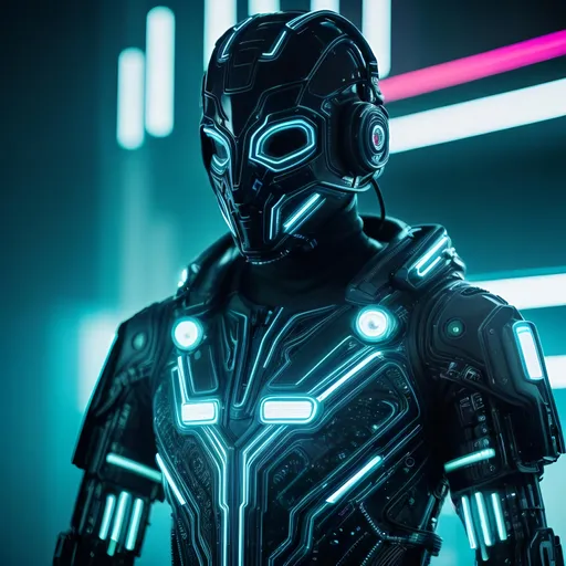 Prompt: Futuristic digital illustration of a hidden persona, cybernetic materials, glowing neon accents, intricate circuitry patterns, high-tech mask, shadowy and mysterious, ultra-detailed, futuristic, cyberpunk, cool tones, enigmatic lighting