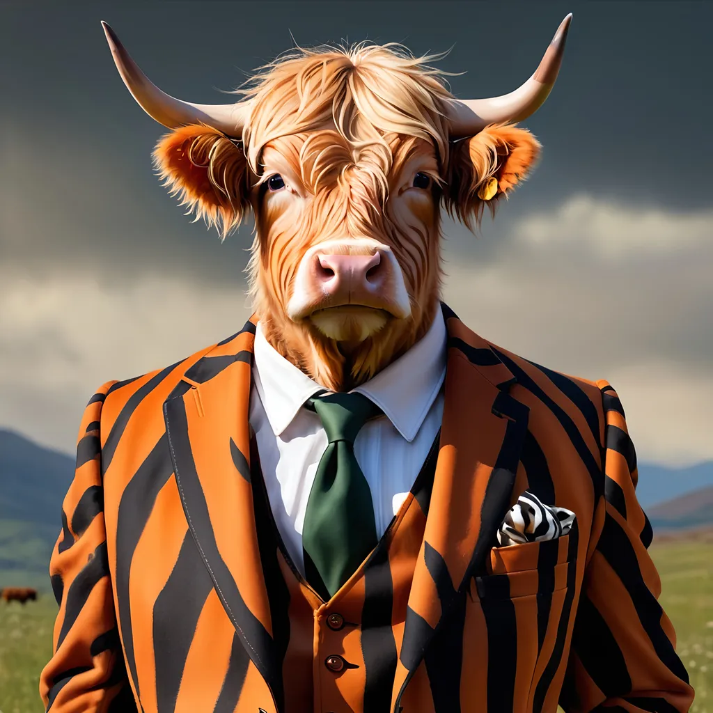 Prompt: Highland cow wearing a tiger striped suit.