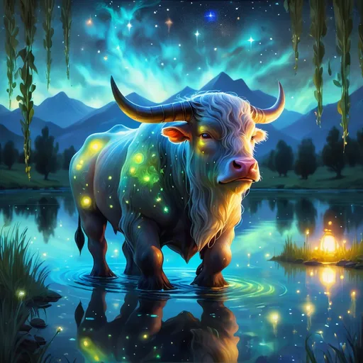 Prompt: An fantasy translucent dwarf bull humanoid that is glowing on a lake surrounded by willows. Starry night. Bioluminescent. Beautiful. Majestic. Graceful. Terrifying. Powerful. Highly detailed painting. 8k.