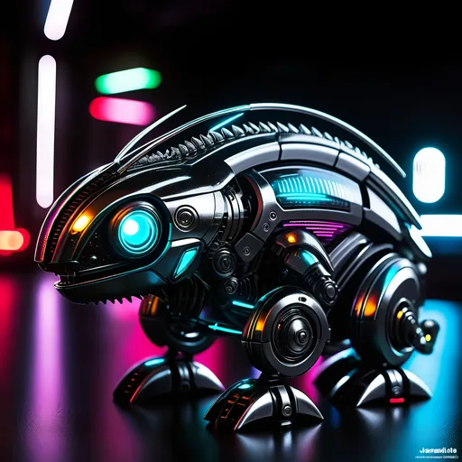 Prompt: small chameleon mech, metallic and sleek design, futuristic sci-fi style, intense black and silver color scheme, sparkling neon lights, l.e.d. lights for eyes, miniature scale, highres, ultra-detailed, sci-fi, futuristic, metallic sheen, intense color scheme, miniature scale, neon lights, detailed design, professional, atmospheric lighting
