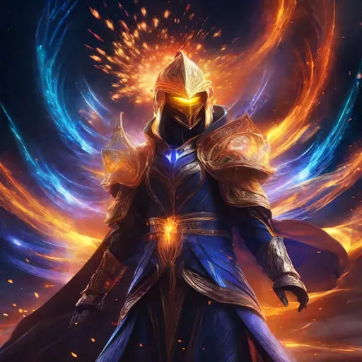 Prompt: Futuristic battle mage with faceless visor and fire magic, astral sorcerer, fireworks background, highres, futuristic, detailed visor, mystical, intense fire effects, cosmic colors, sorcery, magical, futuristic lighting