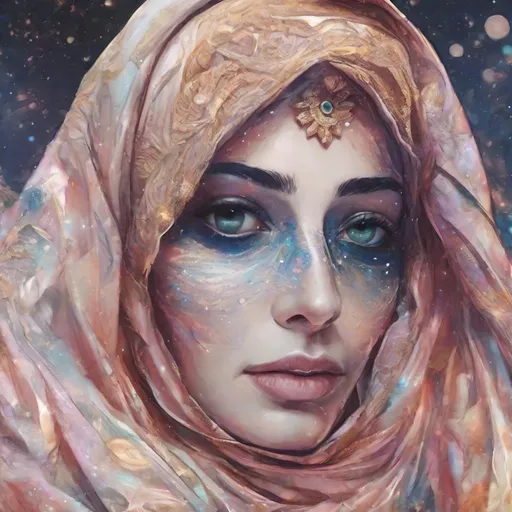 Prompt: Beautiful woman in hijab shooting galaxies from her eyes, digital illustration, cosmic atmosphere, intense gaze, flowing hijab with cosmic patterns, vibrant and dreamy, high quality, cosmic digital art, radiant colors, ethereal lighting
