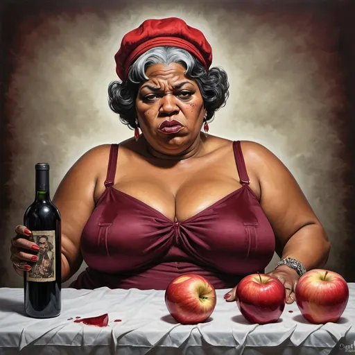 Prompt: Big Mama Bertha, mafia, Final Rage of Court Case, Flowing red Sadness, red Wine of Anarchy, red apples by Daniel Overwall