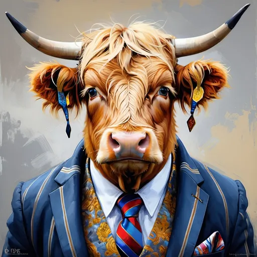 Prompt: a highland cow with big dark-blue eyes is wearing a b&w zebra striped suit and a colorful rococo fashion tie with a matching pocket scarf, in the style of Andreas Rocha and Paul Hedley, maximum detailed portrait, golden nose ring, silver filigree, elegant, intricate details, rich colors, thick texturized impasto oil paint, high society medieval grunge, elite, haute-couture 