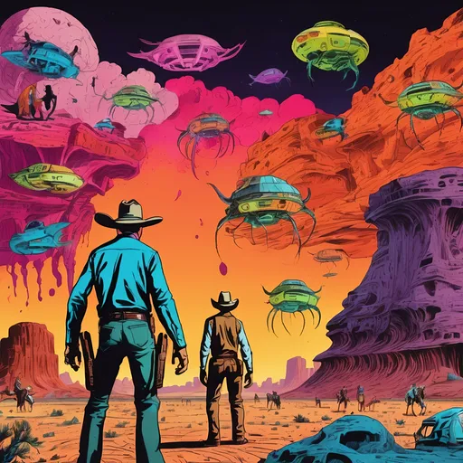 Prompt: Cowboys vs aliens. 
Science Fiction, Retrofuturism, Gore, Cosmic Horror, Fine inking, Clean linework, comic illustration, flat shading, Colour transitions, Maximalism, Beautifully illustrated forms, beautiful background scenery, Warm and cold colour mix, Triadic colour palette, Dark vibrancy, soft lighting, Complexity, Storytelling, Dynamic Poses, High quality, Sharp focus, Tight colour range, Full scene, Filmic, 