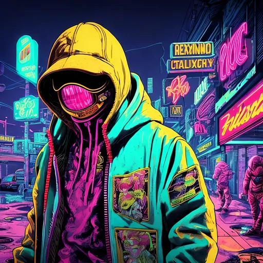 Prompt: Detailed illustration of a character in a vibrant jacket from Hotline Miami 2, neon-lit urban setting, gritty and intense atmosphere, high-quality digital art, intense neon colors, 80s retro style, dynamic pose, vibrant and pulsating lighting, detailed jacket design, professional digital rendering, intense and gritty, neon-lit, urban, 80s retro, dynamic pose, high-quality, vibrant colors, detailed design, professional, atmospheric lighting