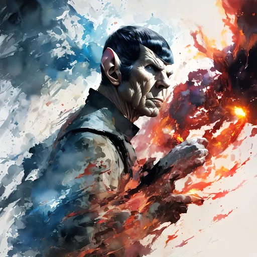 Prompt: 1 spock, firestorm, fire hydras, detailed face, fantasy, ink strokes, explosions, over exposure, tone impression , abstract, (watercolor painting by John Berkey and Jeremy Mann ) brush strokes, negative space,