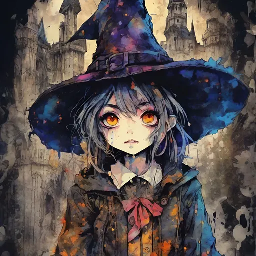 Prompt: Highly Detailed Ink Splatter Grunge, a big eyed witchy cute girl, in a dark castle, Manga style, pretty face, full body, chipped peeling, cracked course, saturated colourful, textured paint, negative-digital, abstract background, intricate background, luminism, ultra detailed, 32k, Fantastic realism complex background, dynamic lighting, lights, digital painting, 3D effect, intricate pose, intricate highly detailed, art by Konstantin Makovsky, Mandy Disher and Victoria Francis
, Broken Glass effect, no background, stunning, something that even doesn't exist, mythical being, energy, molecular, textures, iridescent and luminescent scales, breathtaking beauty, pure perfection, divine presence, unforgettable, impressive, breathtaking beauty, Volumetric light, auras, rays, vivid colors reflects