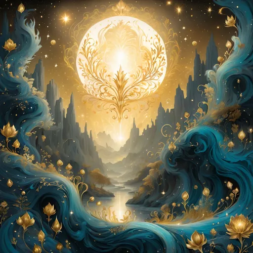 Prompt: will-o'-the-wisp golden hypermaximalism pencil illustration, celestial and ethereal manifestation of rococo fantastical ephemeral chaotic dreams and fantastical creatures in a terragenaic landscape, gold leaf everything 