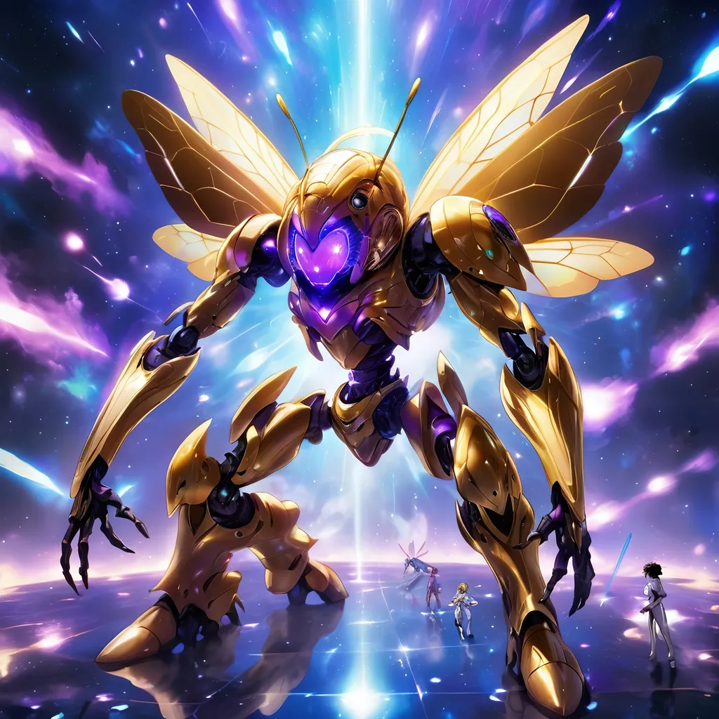 Prompt: tarantula clad in shimmering gold exoskeleton with a tan neck fluff and blue carpenterbee eyes

Vivid purple mantis surrounded by glowing swirling iridescent violet energy as it prepares to Obliterate the world
Black guy brown skin 
Within this 8K anime-style but also a captivating Digimon companion standing by your side. The bee, with its glowing brown skin and animated afro hairstyle, exudes vitality. In your grasp, the luminous lightsaber adds an element of forceful determination, all meticulously detailed in the anime aesthetic.

Your focused expression as you tap into the force is complemented by the presence of your Digimon companion. This digital creature, intricately designed in the high-definition resolution, stands by your side, ready for the cosmic adventure. Against the futuristic dreamscape backdrop, swirling galaxies and vivid lighting create an enchanting atmosphere.

Together, you and your Digimon companion become central figures in this 8K anime masterpiece, blending dynamic character design, force manipulation, and the digital mystique of the Digimon universe, all rendered in stunning detail.