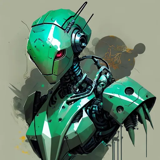 Prompt: cartoon mantis robot , cyberpunk tones, cyberpunk colors, mechanical environnement with vines and vegetation
