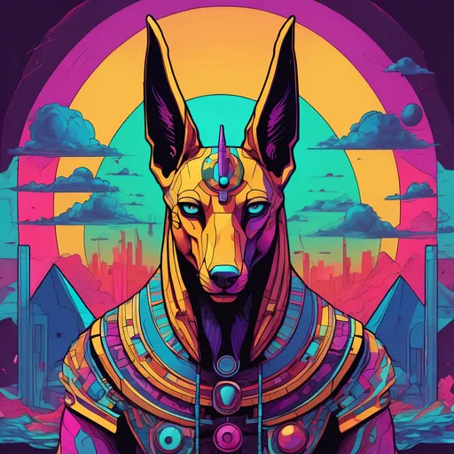 Prompt: Anubis glitch god. 
Science Fiction, Retrofuturism, Gore, Cosmic Horror, Fine inking, Clean linework, comic illustration, flat shading, Colour transitions, Maximalism, Beautifully illustrated forms, beautiful background scenery, Warm and cold colour mix, Triadic colour palette, Dark vibrancy, soft lighting, Complexity, Storytelling, Dynamic Poses, High quality, Sharp focus, Tight colour range, Full scene, Filmic, 