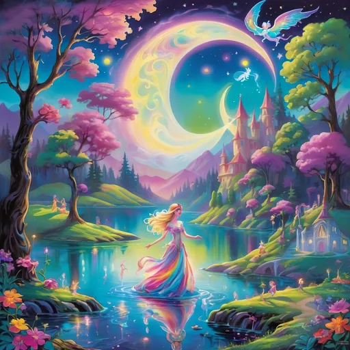 Prompt: Lisa Frank's style portrays a medieval legend where ethereal beings, illuminated as will-o'-the-wisps, dance around an ancient, moonlit lake. The scene is rich in romantic symbolism, with the will-o'-the-wisps depicted as delicate, ghostly figures. Their dance creates a mesmerizing pattern of light, leading the viewer's eye through the mystical, moonlit waterscape. 
