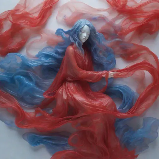 Prompt: red and blue Poltergeist ghostly figures, silouet plastic, slumped/draped, xiaofei yue, hurufiyya, in the style of ethereal calm and serene beauty, mysterious beauty, wrappedbio-art, Artgerm 