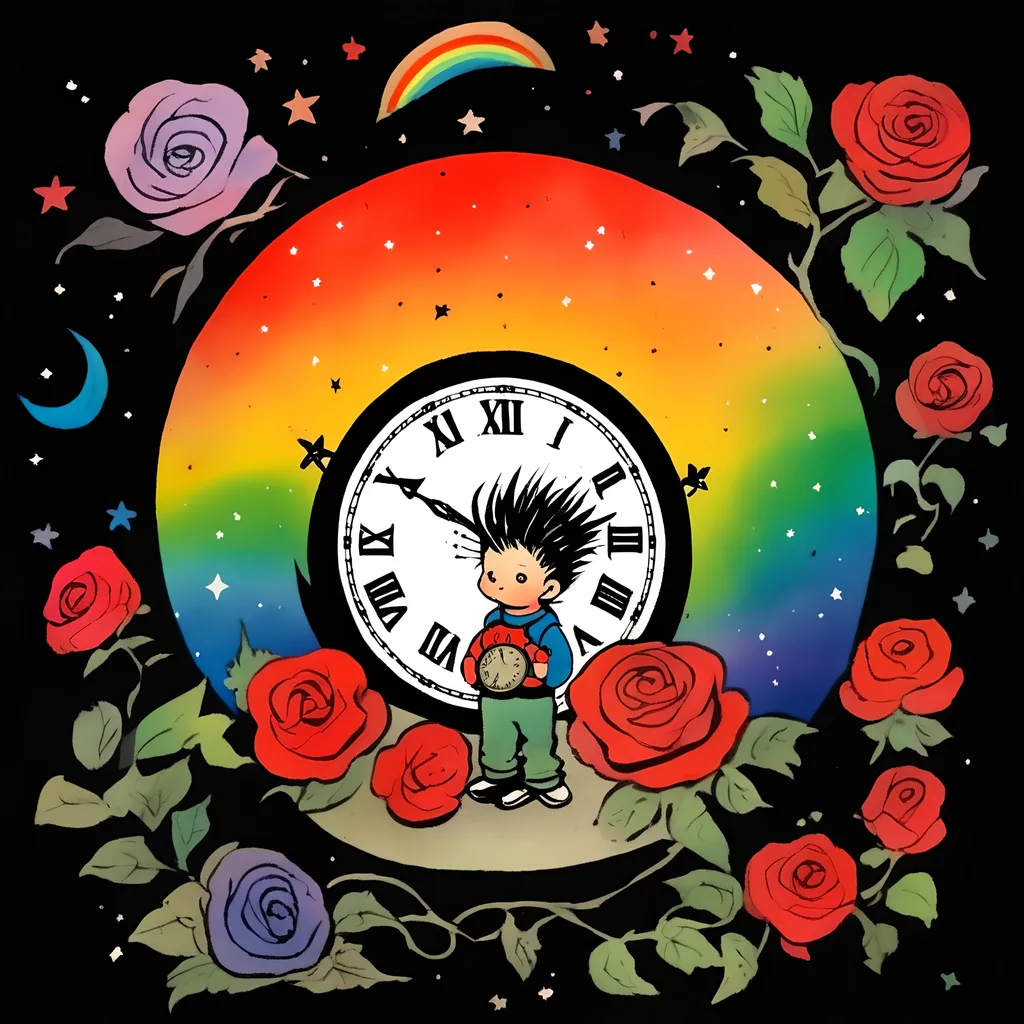 Prompt: in the style of sumi-e Outside a grand castle under a starry sky a cute adventurer with a rainbow mohawk gazes at a celestial time clock surrounded by red and black roses 