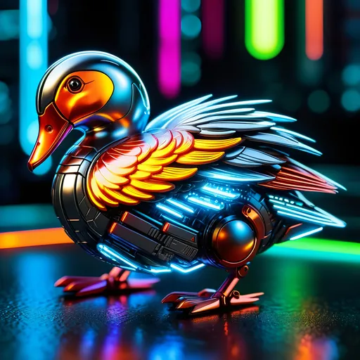 Prompt: Tiny mandarin duck mech, metallic and sleek design, futuristic sci-fi style, sparkling neon lights, miniature scale, highres, ultra-detailed, sci-fi, futuristic, metallic sheen, intense color scheme, miniature scale, neon lights, detailed design, professional, atmospheric lighting