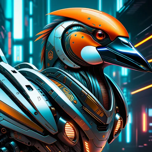 Prompt: Futuristic sci-fi illustration of a metallic mandarin duck mech, sleek design, detailed metal textures, high-tech enhancements, intense and focused gaze, cool-toned lighting, urban cyberpunk setting, best quality, highres, ultra-detailed, sci-fi, futuristic, metallic, sleek design, detailed textures, intense gaze, cool-toned lighting, cyberpunk