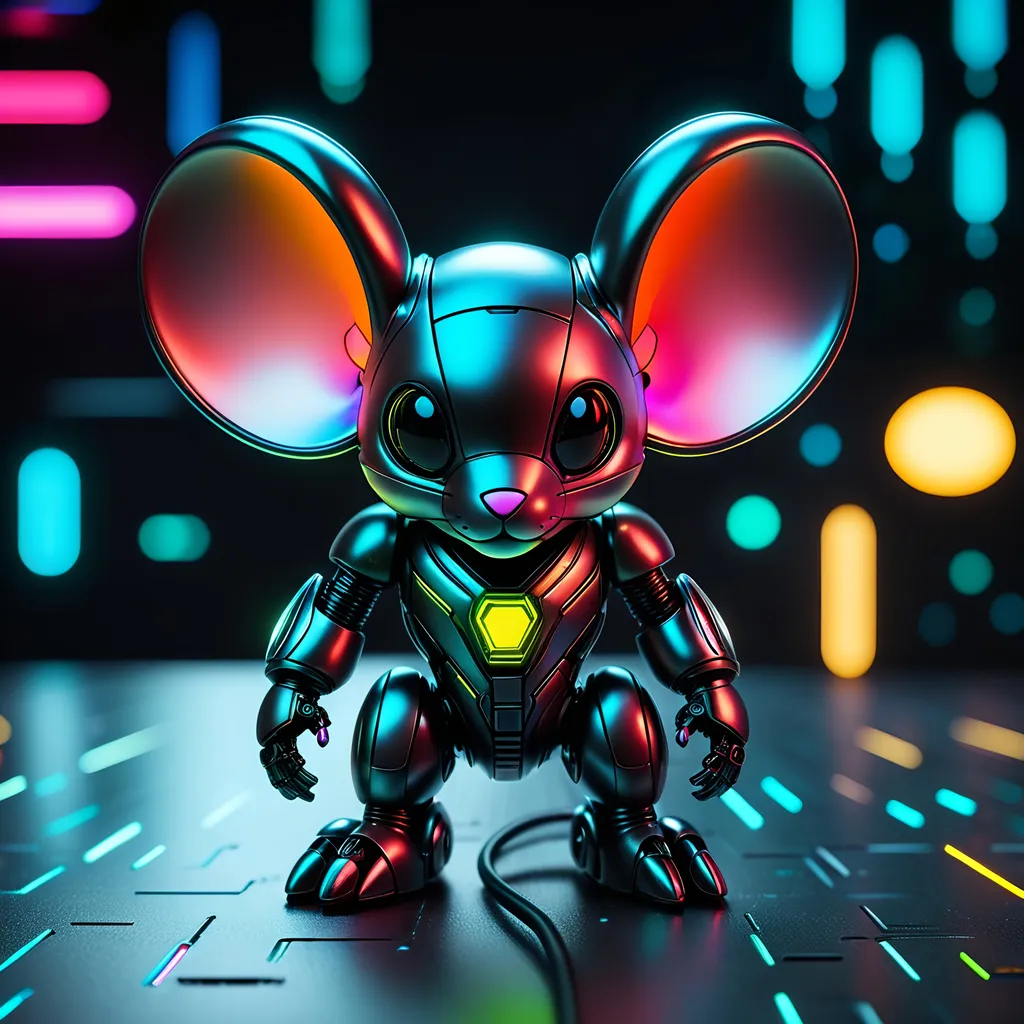 Prompt: Tiny mouse mech, metallic and sleek design, futuristic sci-fi style, intense grey and black color scheme, sparkling neon lights, miniature scale, highres, ultra-detailed, sci-fi, futuristic, metallic sheen, intense color scheme, miniature scale, neon lights, detailed design, professional, atmospheric lighting