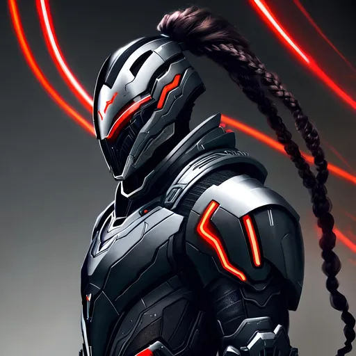 Prompt: lean black male with long braided hair and a scarred face, wearing silver biomechanical warframe armor. he is surrounded by glowing red mist. Behance HD, airbrush art