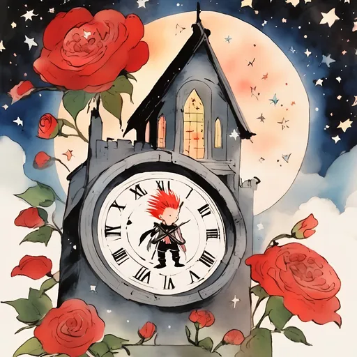 Prompt: in the style of sumi-e Outside a grand castle under a starry sky a cute adventurer with a rainbow mohawk gazes at a celestial time clock surrounded by red and black roses 