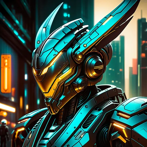 Prompt: Futuristic sci-fi illustration of a metallic hornet mech, sleek design, detailed metal textures, high-tech enhancements, intense and focused gaze, cool-toned lighting, urban cyberpunk setting, best quality, highres, ultra-detailed, sci-fi, futuristic, metallic, sleek design, detailed textures, intense gaze, cool-toned lighting, cyberpunk