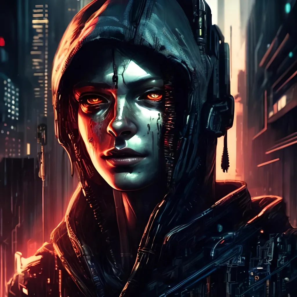 Prompt: Futuristic refugee in cyberpunk style, detailed facial features, highres, cyberpunk, dystopian, refugee, futuristic, detailed eyes, dramatic red lighting, warm tones, futuristic, urban setting, intense gaze, detailed clothing, dramatic shadows