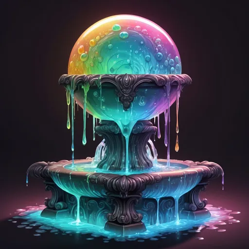 Prompt: A four-way fountain each side filled with strange glowing dancing crystal sphere dripping slime in many colors, in zen tangle art style
