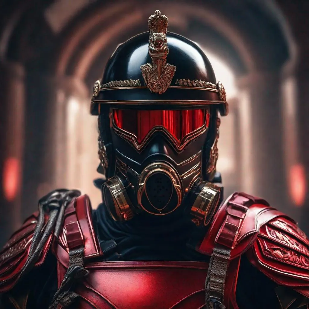 Prompt: A modern roman military male in black military armor covered in red L.E.D. strips, galea helmet of roman armor, and gas mask, background World War 3, Hyperrealistic, sharp focus, Professional, UHD, HDR, 8K, Render, electronic, dramatic, vivid, pressure, nervous vibe, loud, tension, dark, Epic