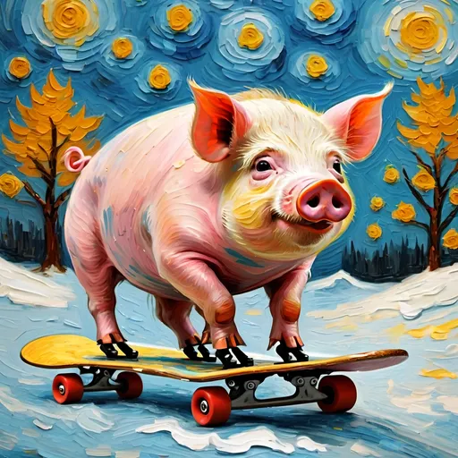 Prompt: skating pig in the style of van gogh.