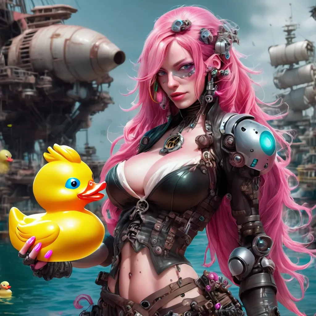 Prompt: Beautiful cybernetic female pirate with long pink hair and a small cybernetic rubber duck.