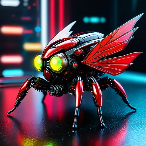 Prompt: Tiny jumping spider mech, metallic and sleek design, futuristic sci-fi style, detailed mechanical wings, intense red and black color scheme, sparkling neon lights, miniature scale, highres, ultra-detailed, sci-fi, futuristic, metallic sheen, mechanical wings, intense color scheme, miniature scale, neon lights, detailed design, professional, atmospheric lighting